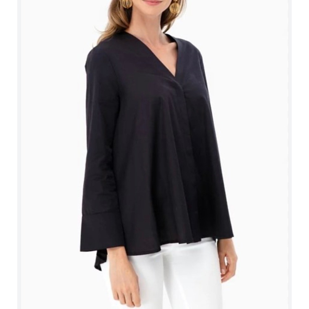 Harshman Perla Blouse Womens Size Small Black Cotton Poplin V-Neck A-Line Top